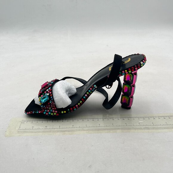 FSJ Black Colorful Rhinestones Diamond Heel Square Open Toe Ankle Strap Sandals - Picture 2 of 8